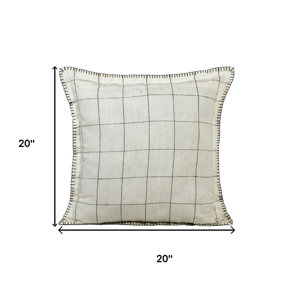 20" Ivory And Black Check Linen Throw Pillow Cover