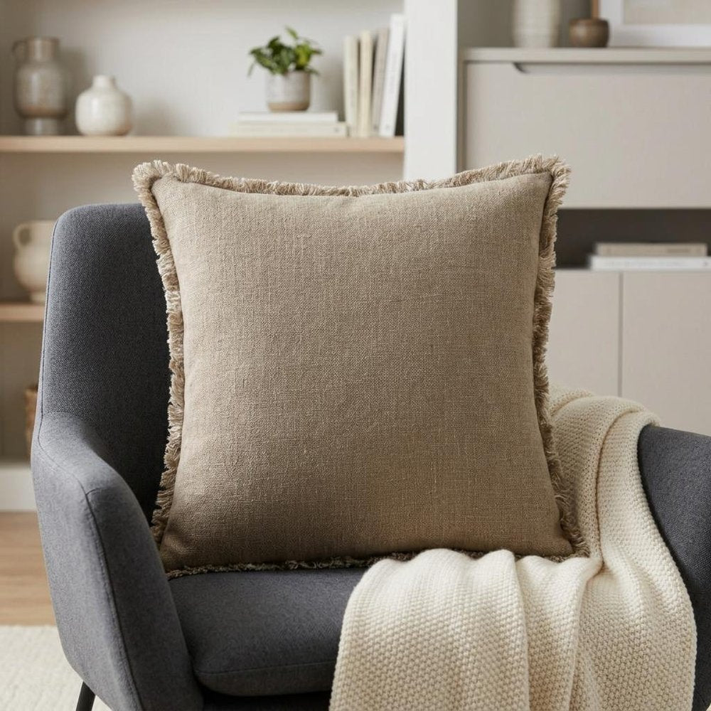 20" Brown And Beige Linen Throw Pillow Cover with Fringe