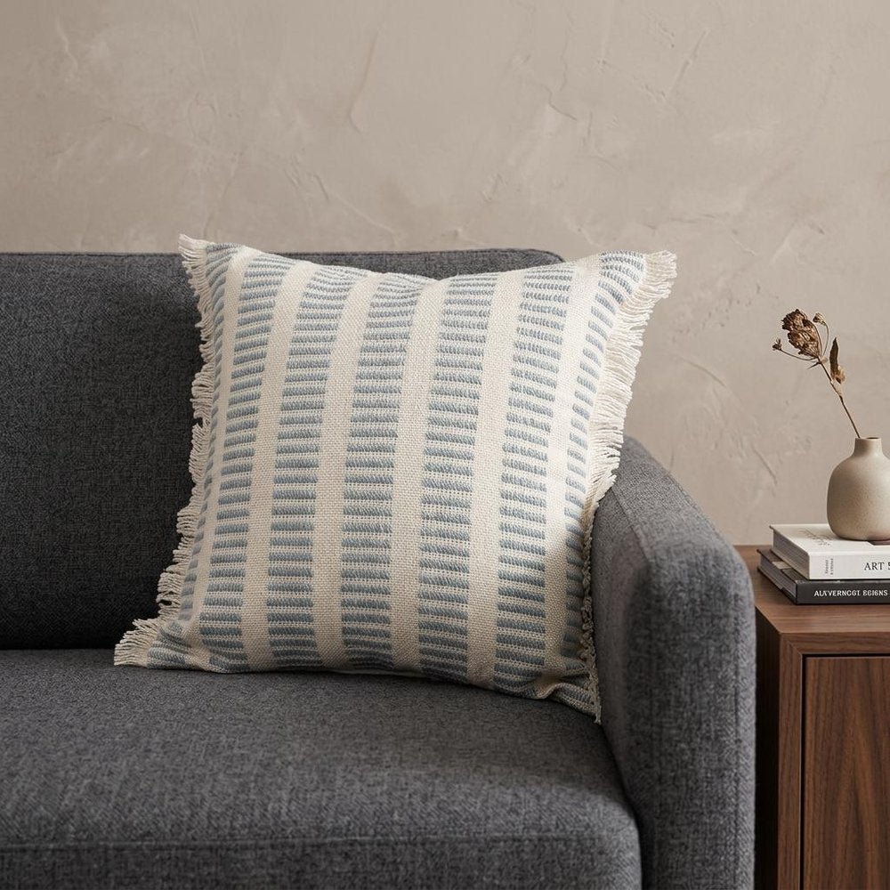 20" Blue And Ivory Striped Throw Pillow Cover with Fringe