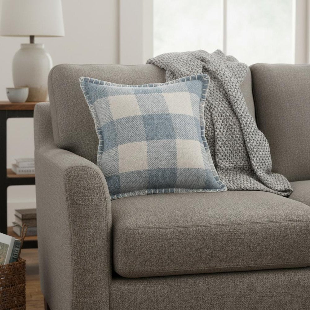 20" Blue And Ivory Plaid Throw Pillow Cover