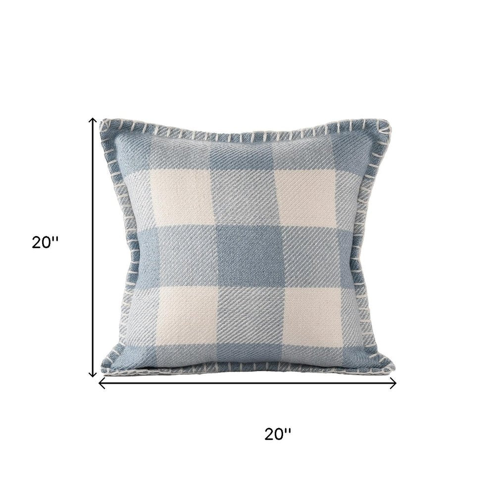 20" Blue And Ivory Plaid Throw Pillow Cover