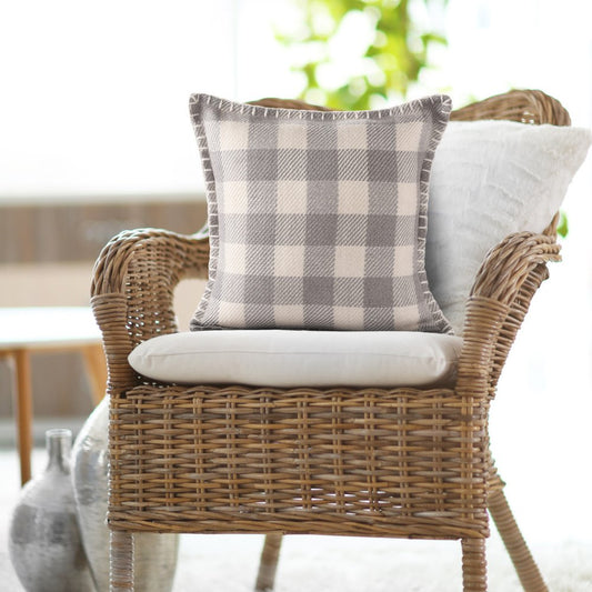 20" Light Gray And Ivory Plaid Throw Pillow Cover