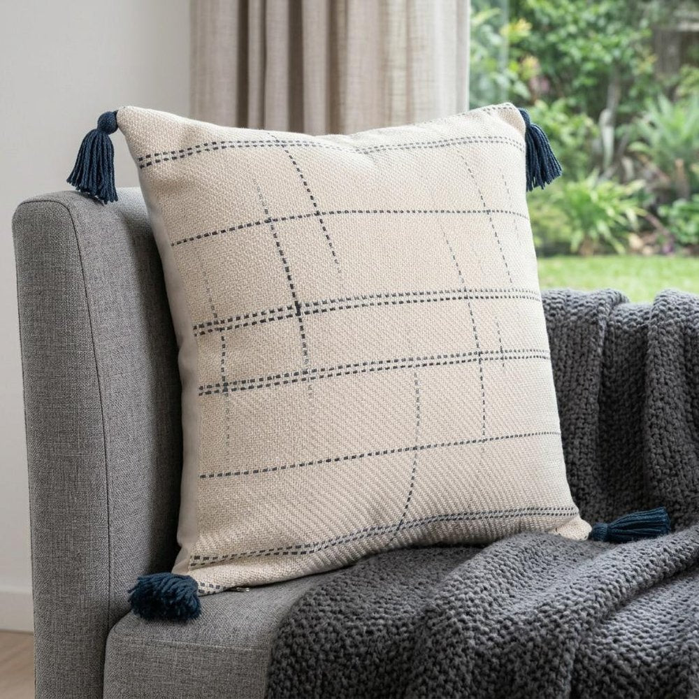 20" Blue And Ivory Beach Geometric Throw Pillow Cover with Tassels