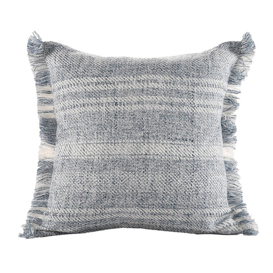 20" Gray And Ivory Striped Throw Pillow Cover with Fringe