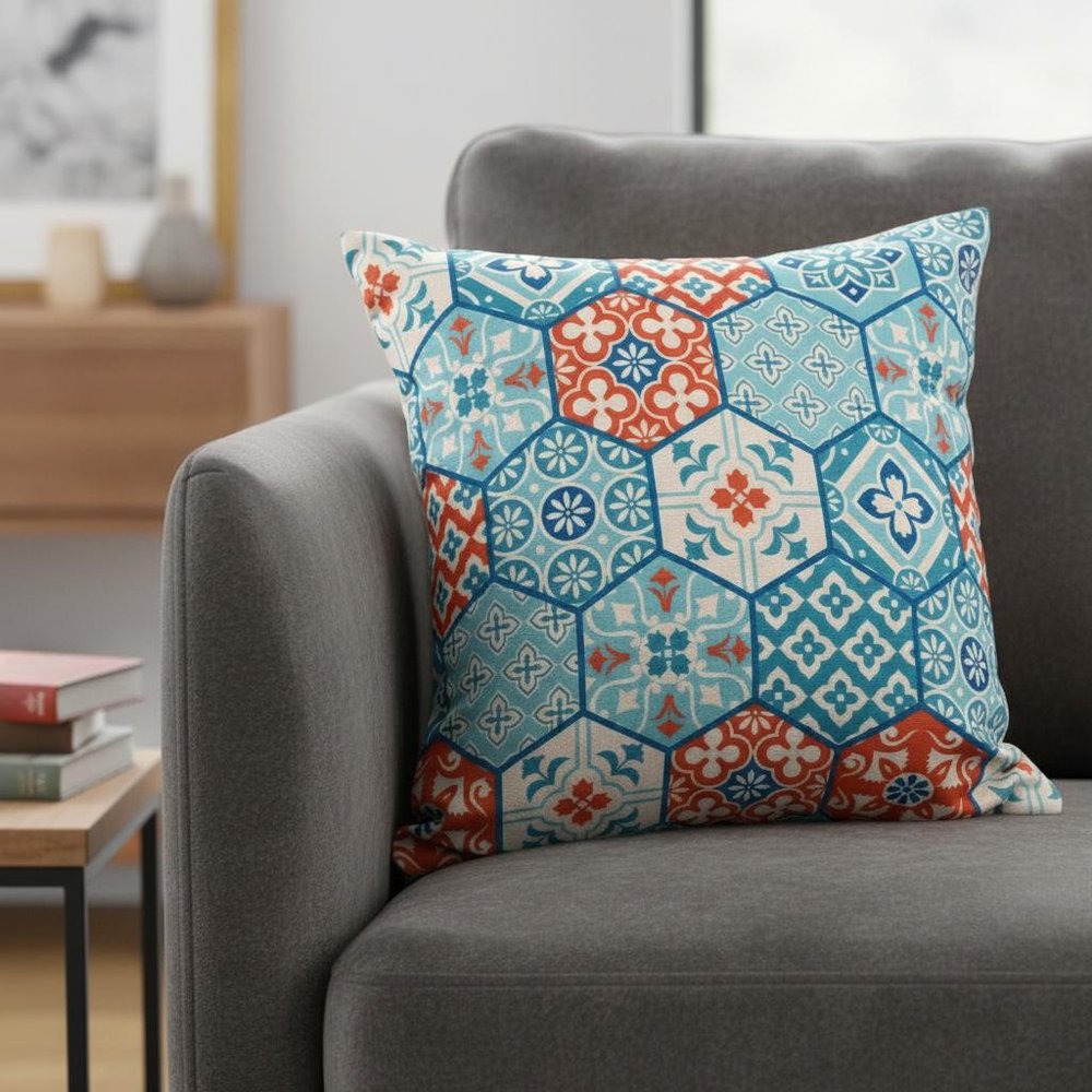 20" Blue And Orange Patchwork Throw Pillow Cover