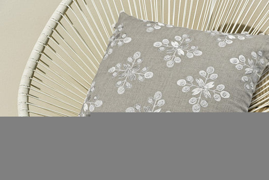 20" Beige And Ivory Floral Linen Throw Pillow Cover with Pompoms