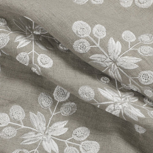20" Beige And Ivory Floral Linen Throw Pillow Cover with Pompoms