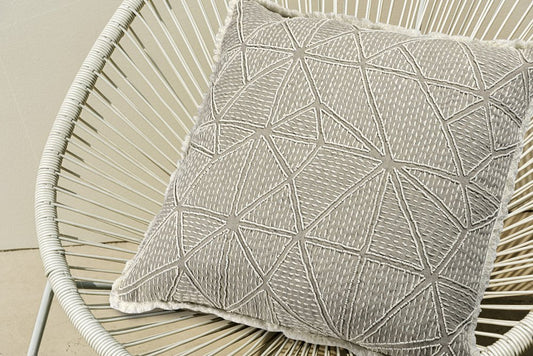 20" Ivory And Gray Geometric Linen Throw Pillow Cover with Fringe Embroidery And Texture