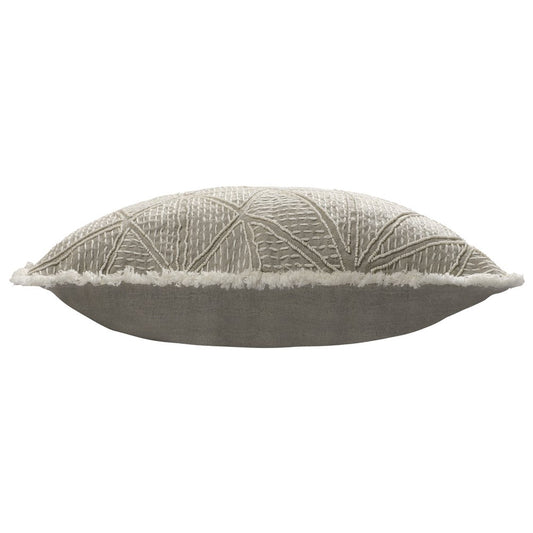 20" Ivory And Gray Geometric Linen Throw Pillow Cover with Fringe Embroidery And Texture