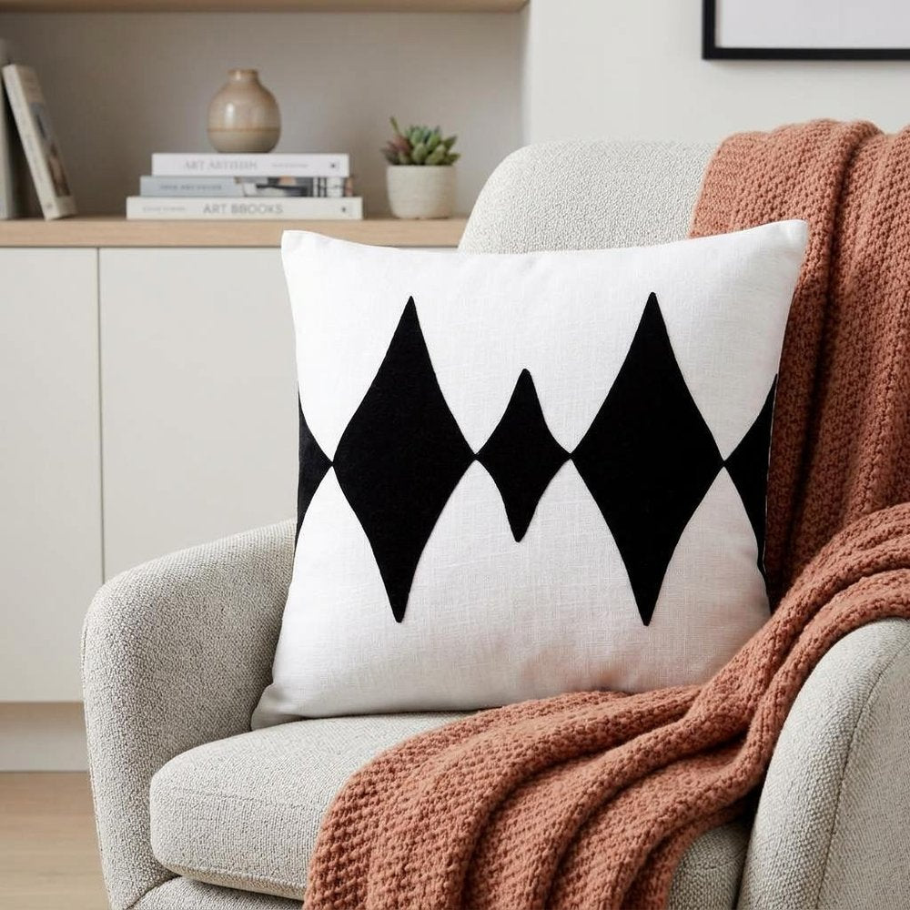 20" Black And White Diamond Cotton Blend Throw Pillow Cover