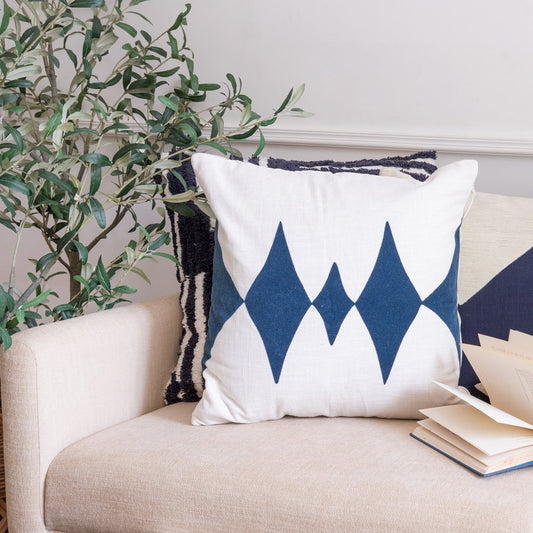 20" Blue And White Diamond Cotton Blend Throw Pillow Cover