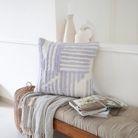 22" Purple And White Geometric Cotton Throw Pillow Cover