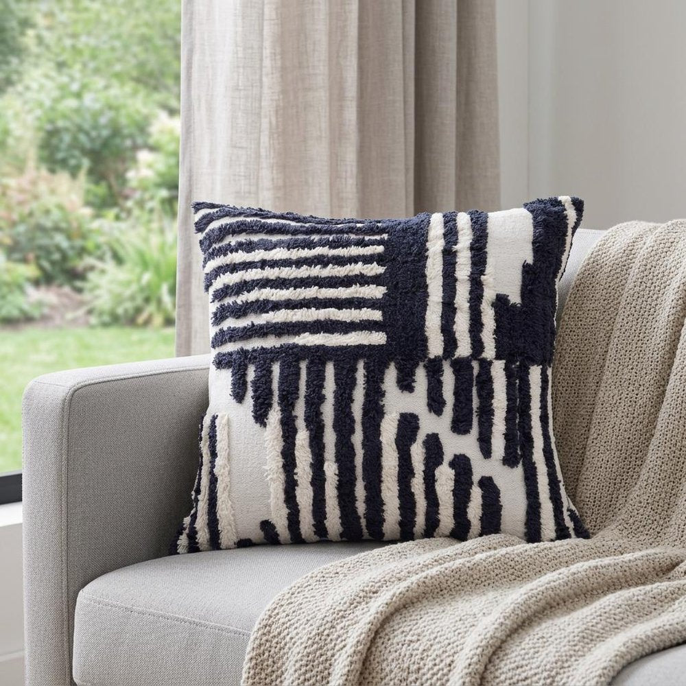 22" Blue And White Geometric Cotton Throw Pillow Cover with Tufts