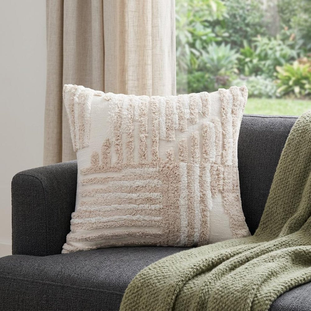 22" Beige And White Geometric Cotton Throw Pillow Cover with Tufts
