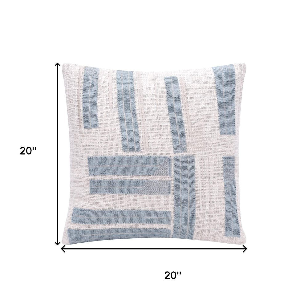 20" Blue And Ivory Striped Cotton Blend Throw Pillow Cover