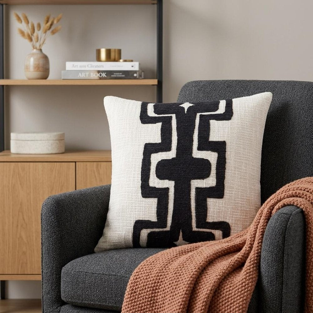 20" Black And Ivory Geometric Cotton Blend Throw Pillow Cover