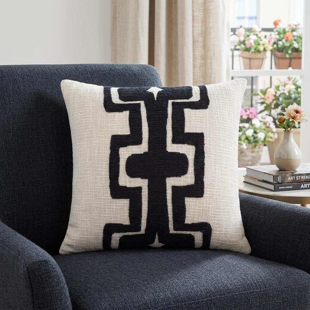 20" Black And Ivory Geometric Cotton Blend Throw Pillow Cover