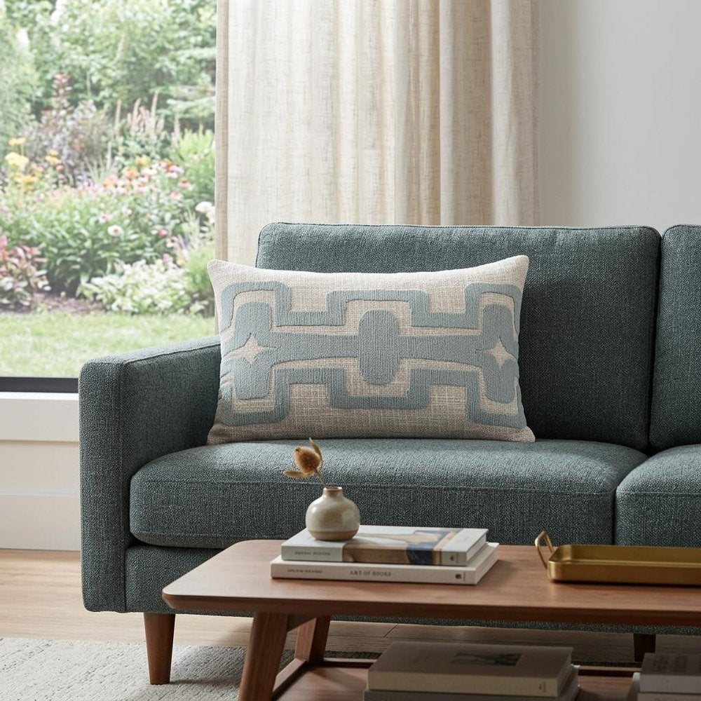 16" X 24" Blue And Ivory Lumbar Geometric Cotton Blend Throw Pillow Cover