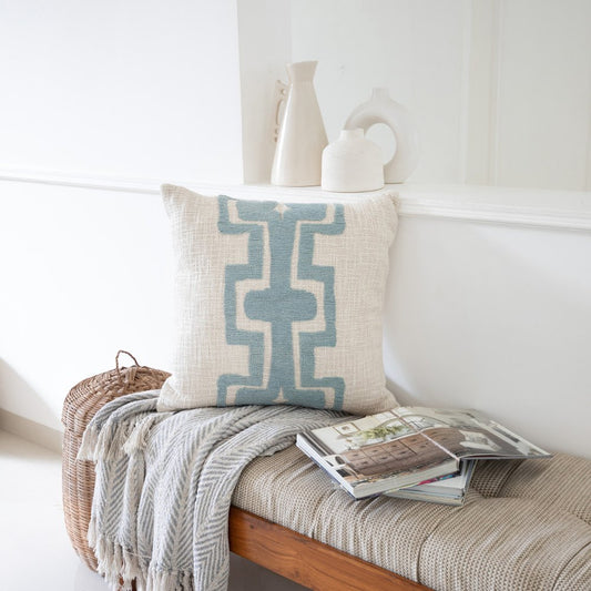 20" Blue And Ivory Geometric Cotton Blend Throw Pillow Cover