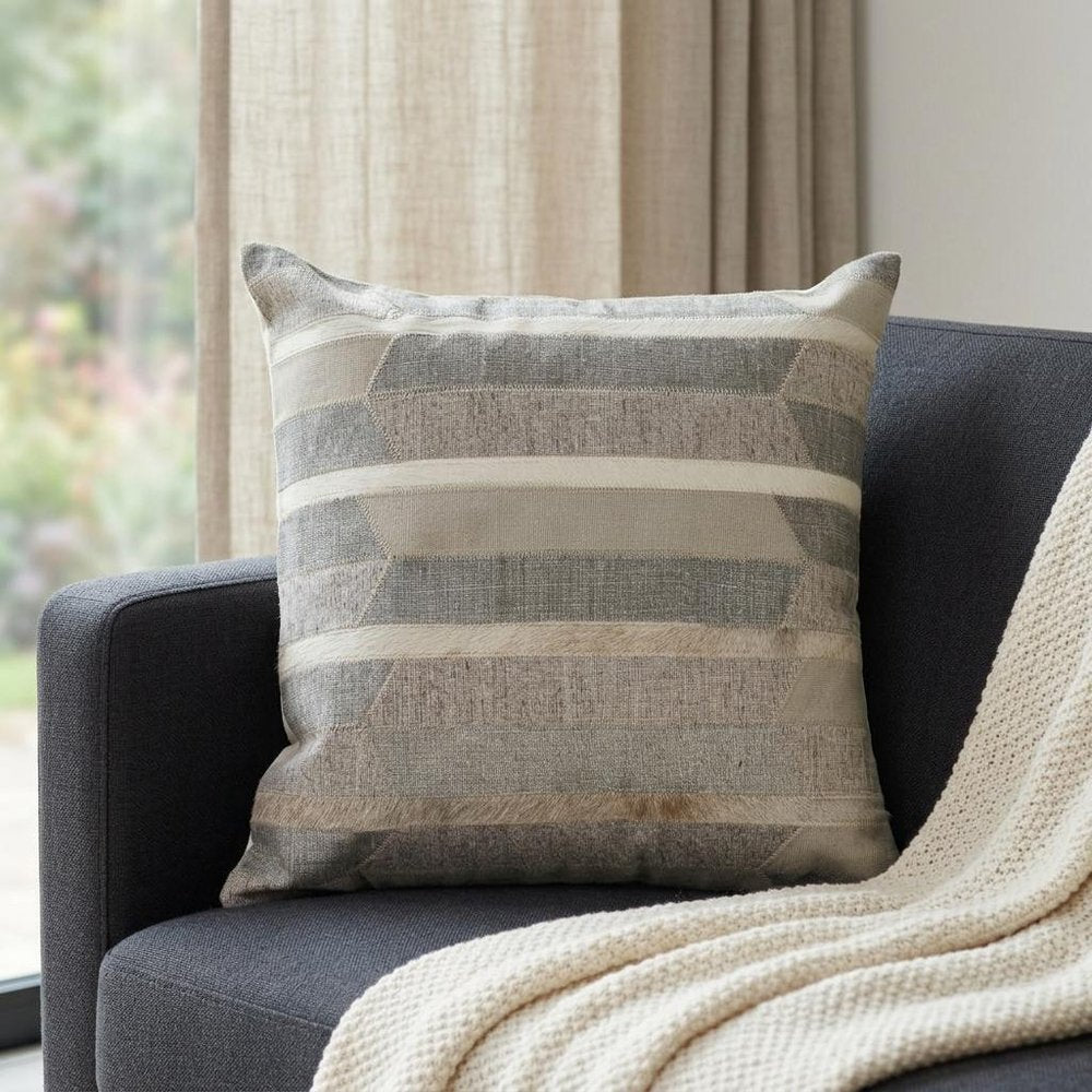 20" Gray And Tan Striped Faux Leather Throw Pillow Cover