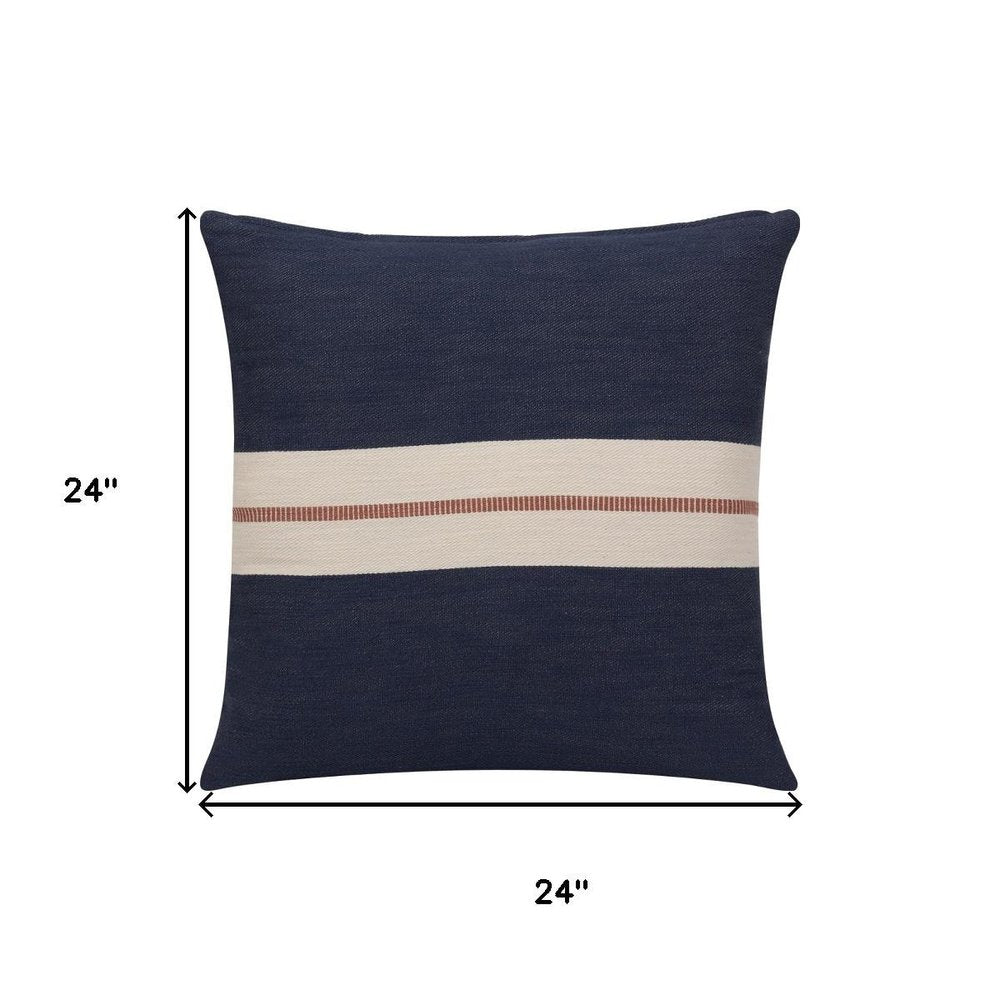 24" Blue And Ivory Striped Cotton Throw Pillow Cover
