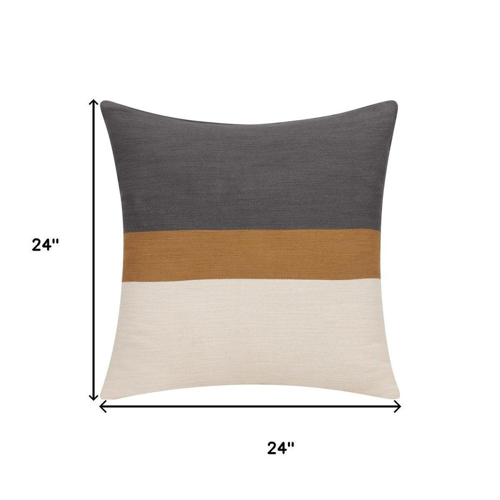 24" Brown And Gray Striped Cotton Throw Pillow Cover