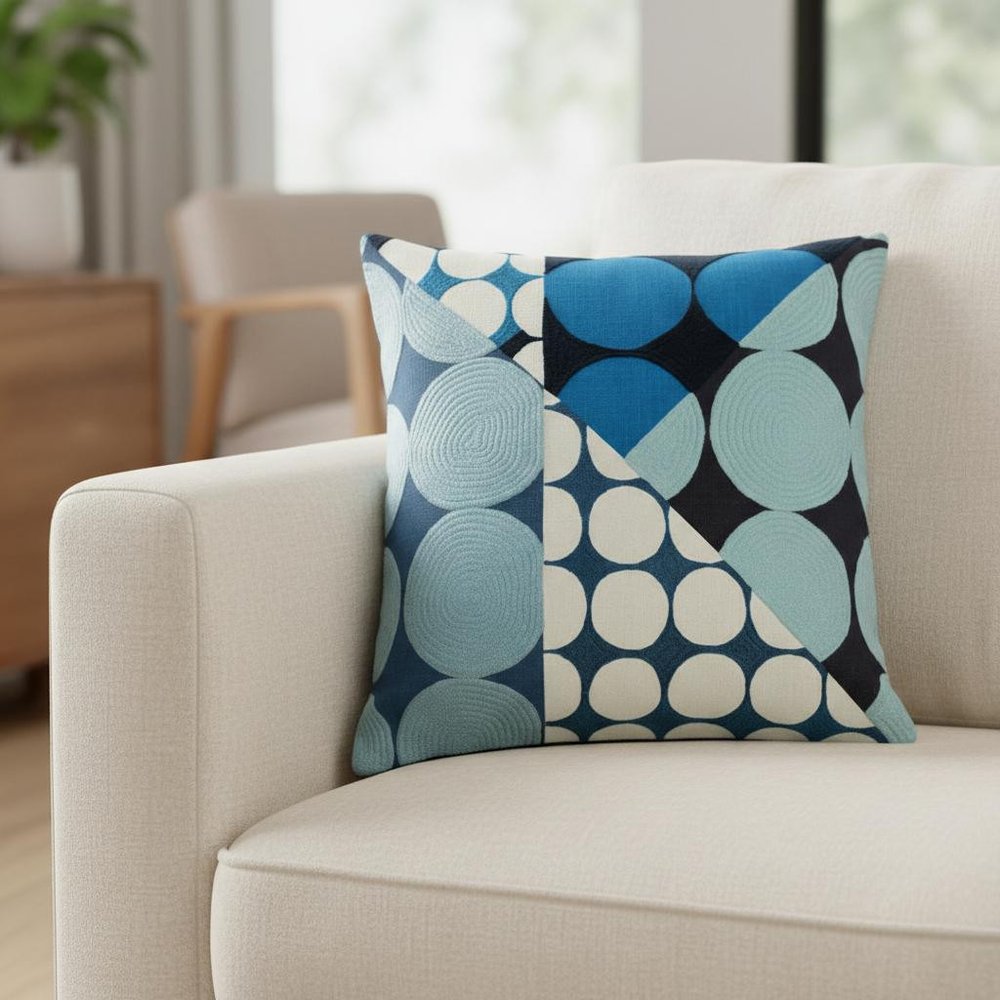 24" Blue And Ivory Geometric Cotton Throw Pillow Cover