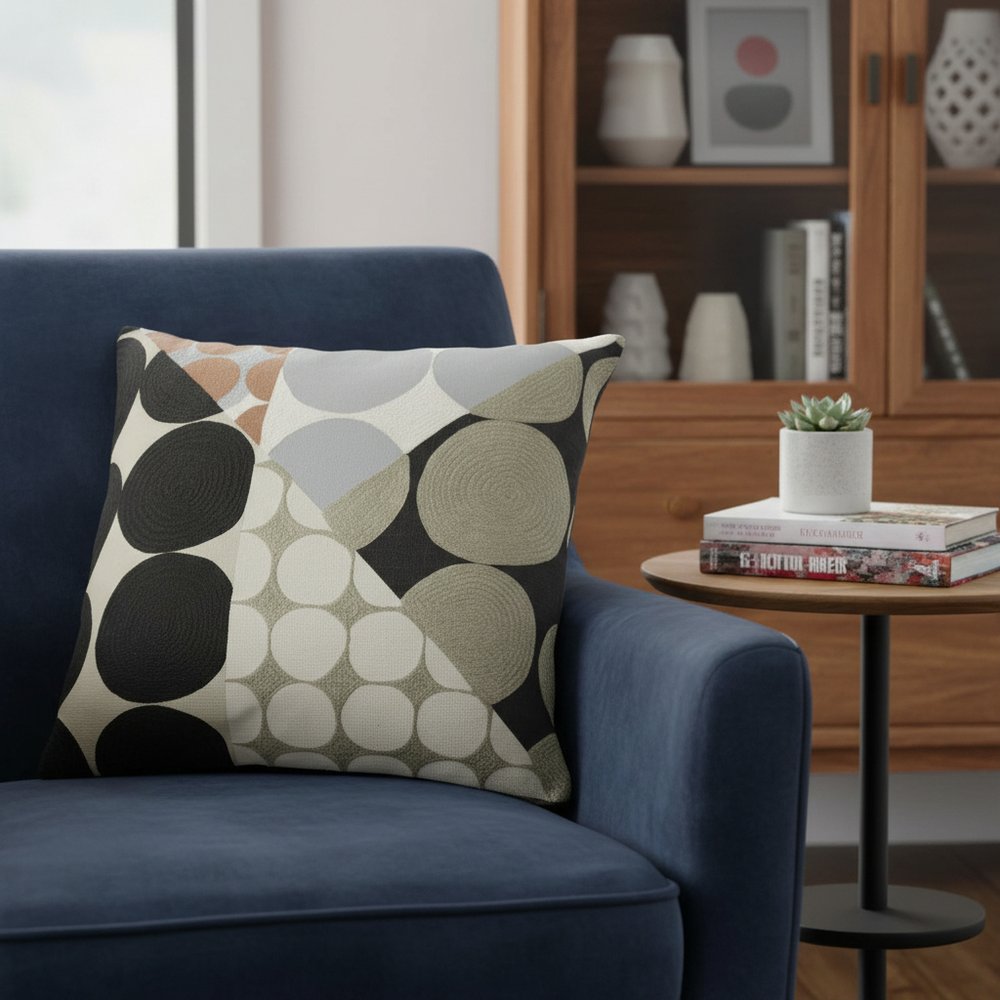20" Black And Beige Geometric Cotton Throw Pillow Cover