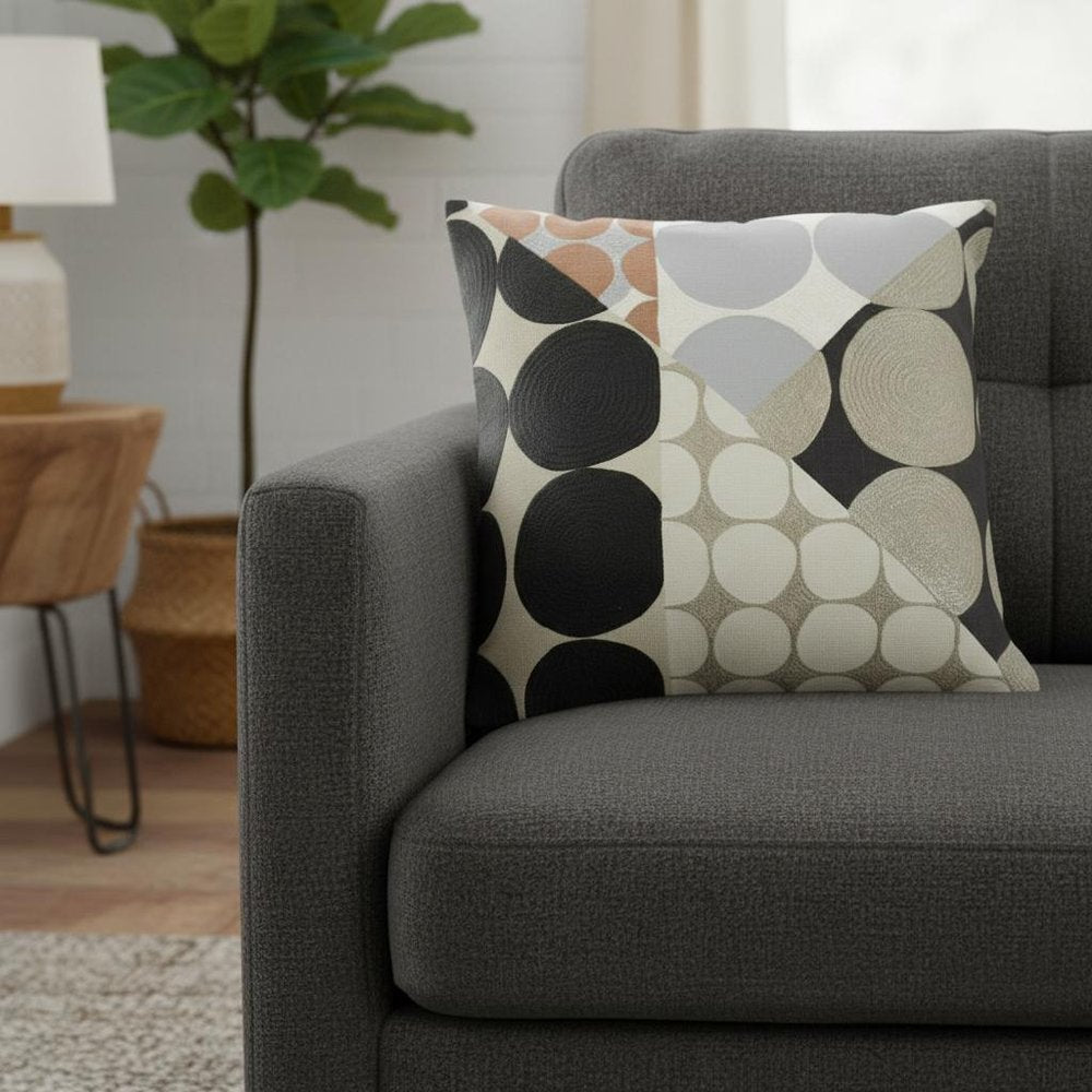 24" Black And Beige Geometric Cotton Throw Pillow Cover