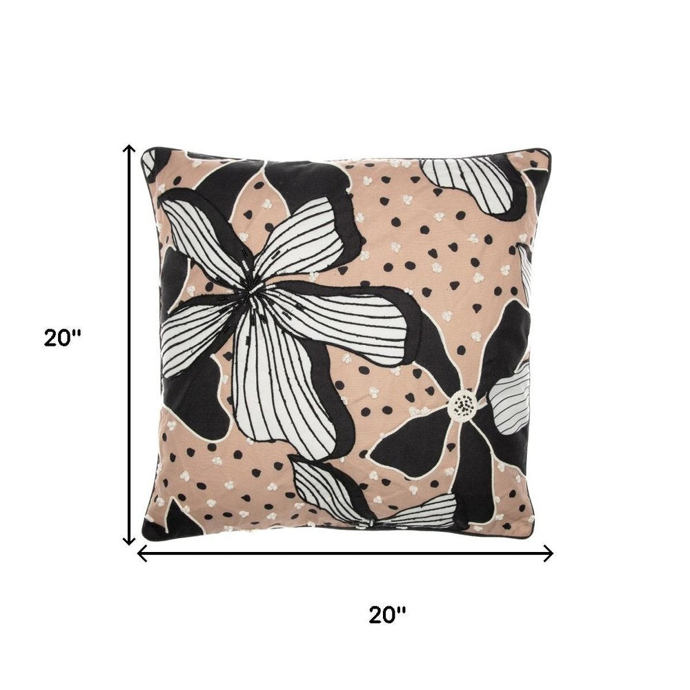 20" Beige And Black Floral Throw Pillow Cover