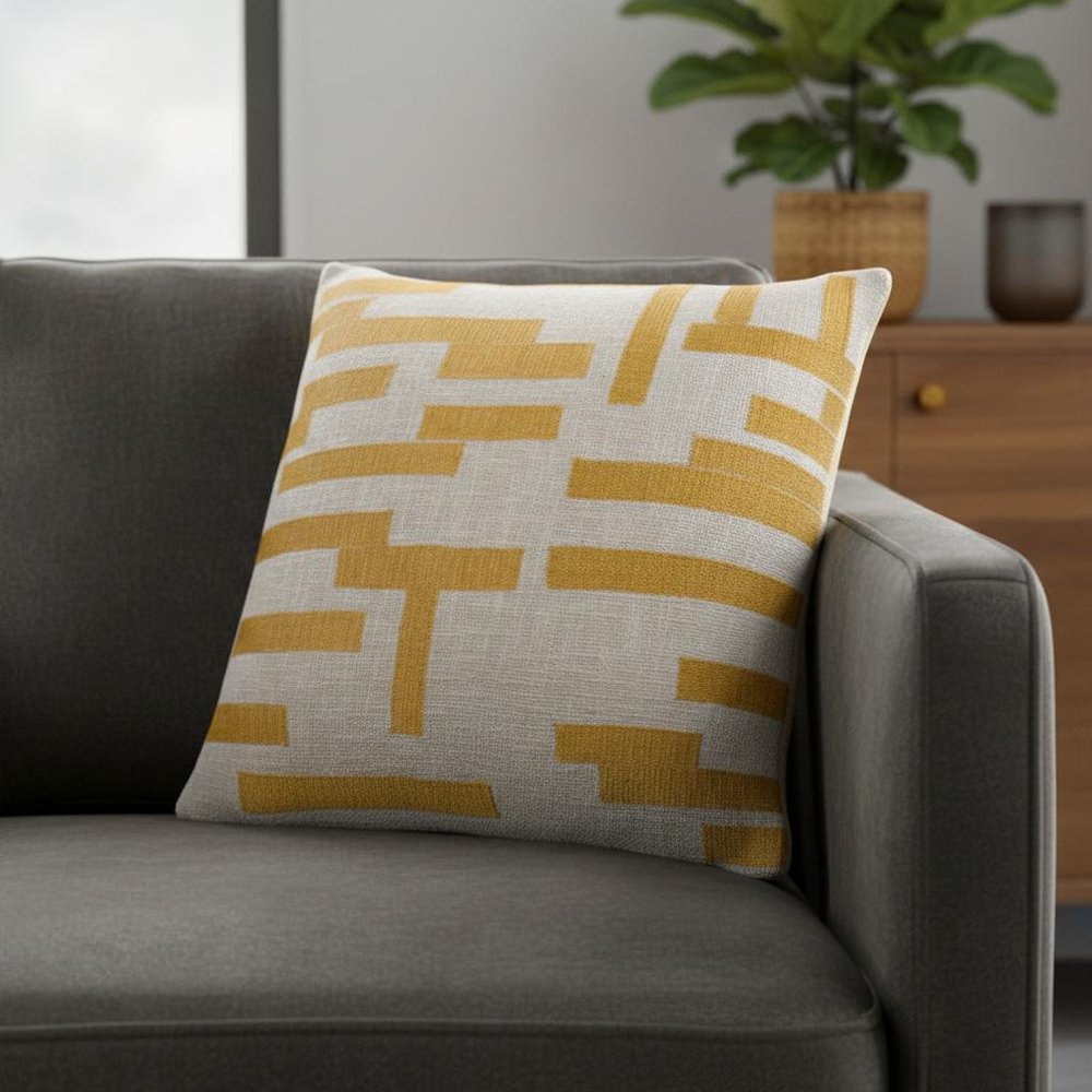 20" Yellow And Ivory Geometric Cotton Blend Throw Pillow Cover