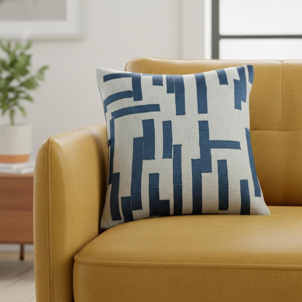 20" Blue And Ivory Geometric Cotton Blend Throw Pillow Cover