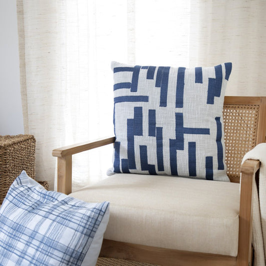 20" Blue And Ivory Geometric Cotton Blend Throw Pillow Cover