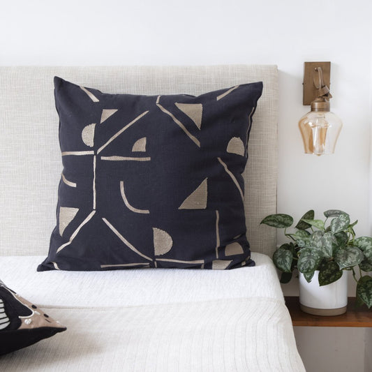 20" Black And Beige Geometric Cotton Blend Throw Pillow Cover