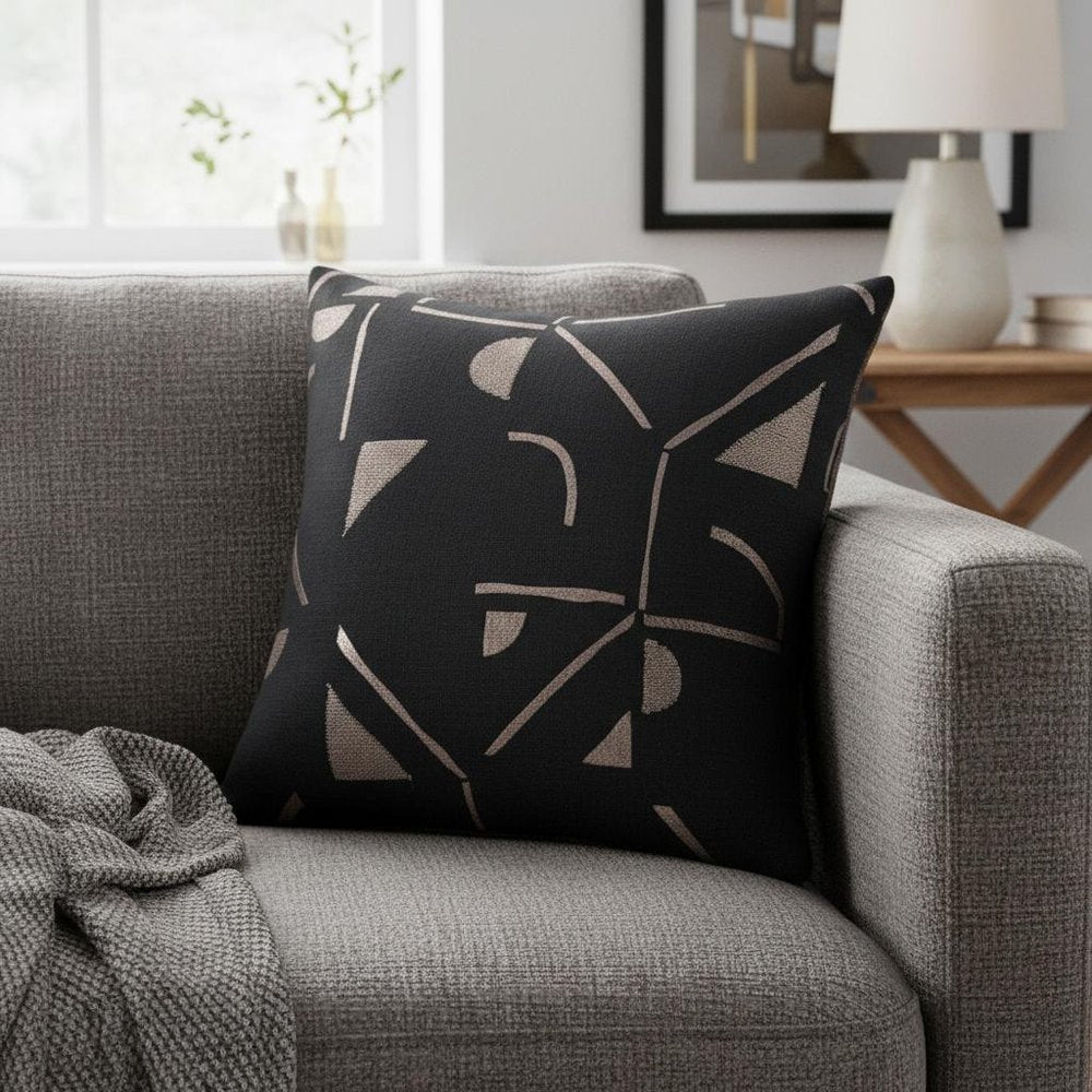 20" Black And Beige Geometric Cotton Blend Throw Pillow Cover