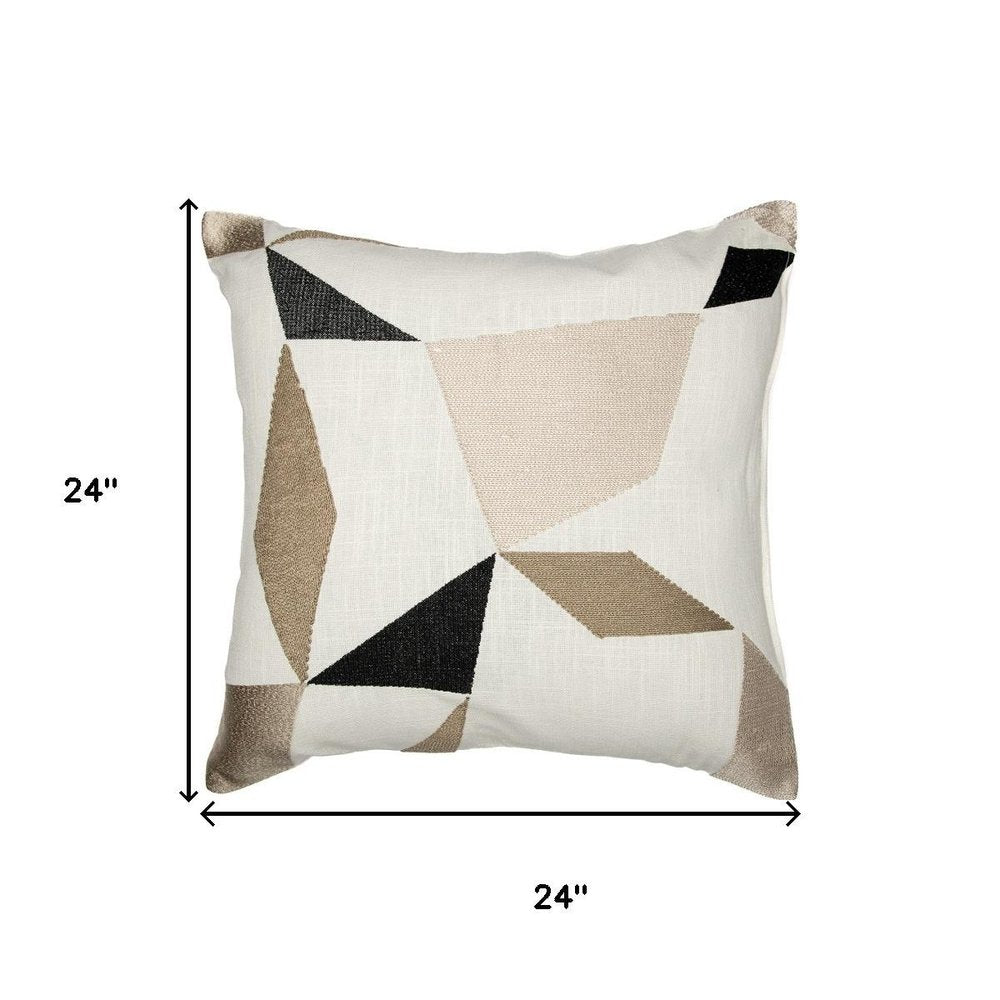 24" Ivory And Taupe Geometric Cotton Blend Throw Pillow Cover
