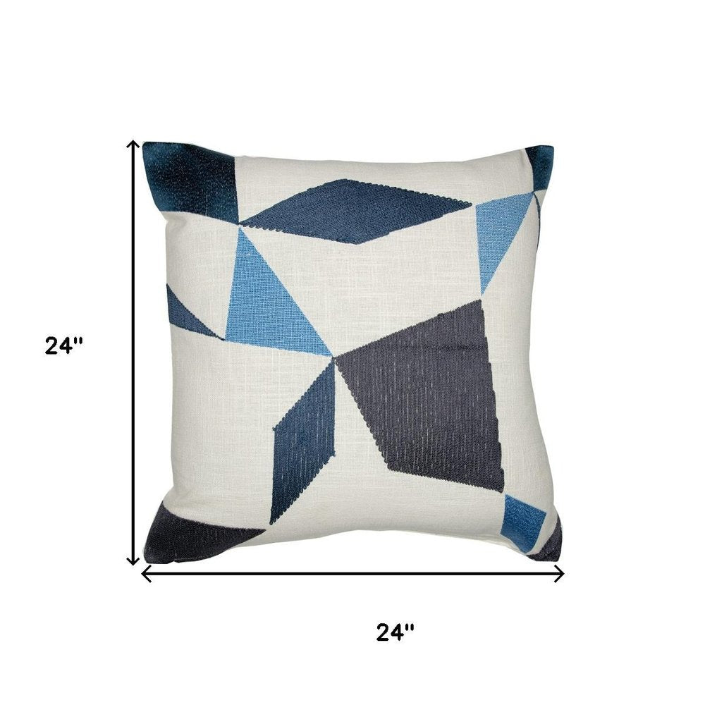 24" Ivory And Blue Geometric Cotton Blend Throw Pillow Cover