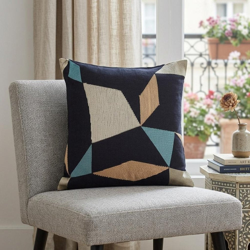 20" Denim Blue And Beige Geometric Cotton Blend Throw Pillow Cover
