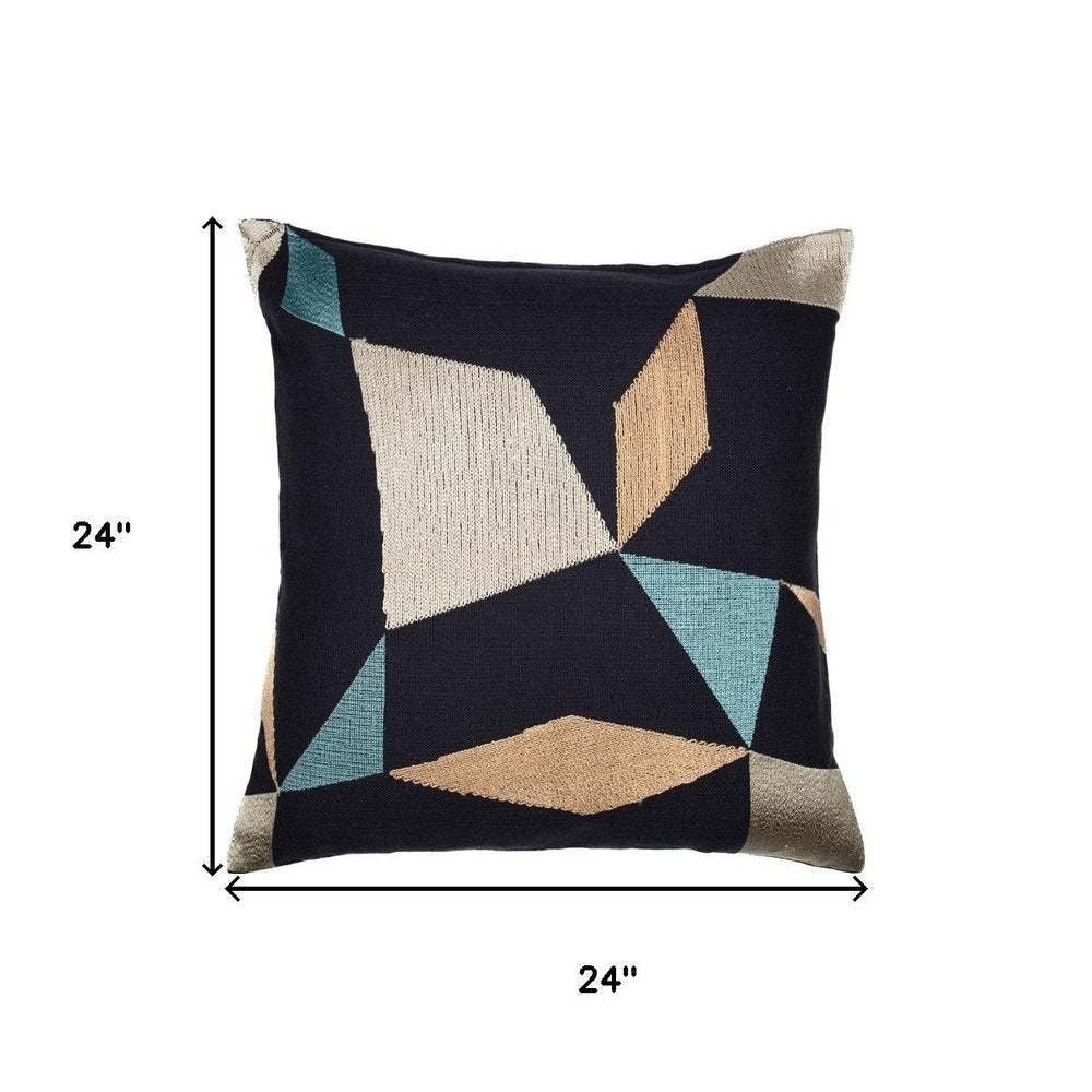 24" Denim Blue And Beige Geometric Cotton Blend Throw Pillow Cover