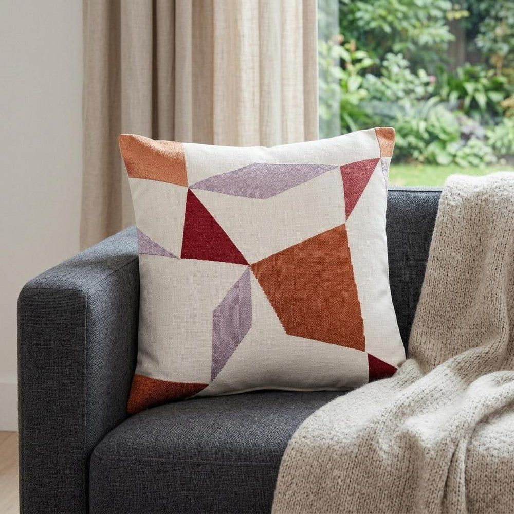 24" Ivory Brown And Red Geometric Cotton Blend Throw Pillow Cover