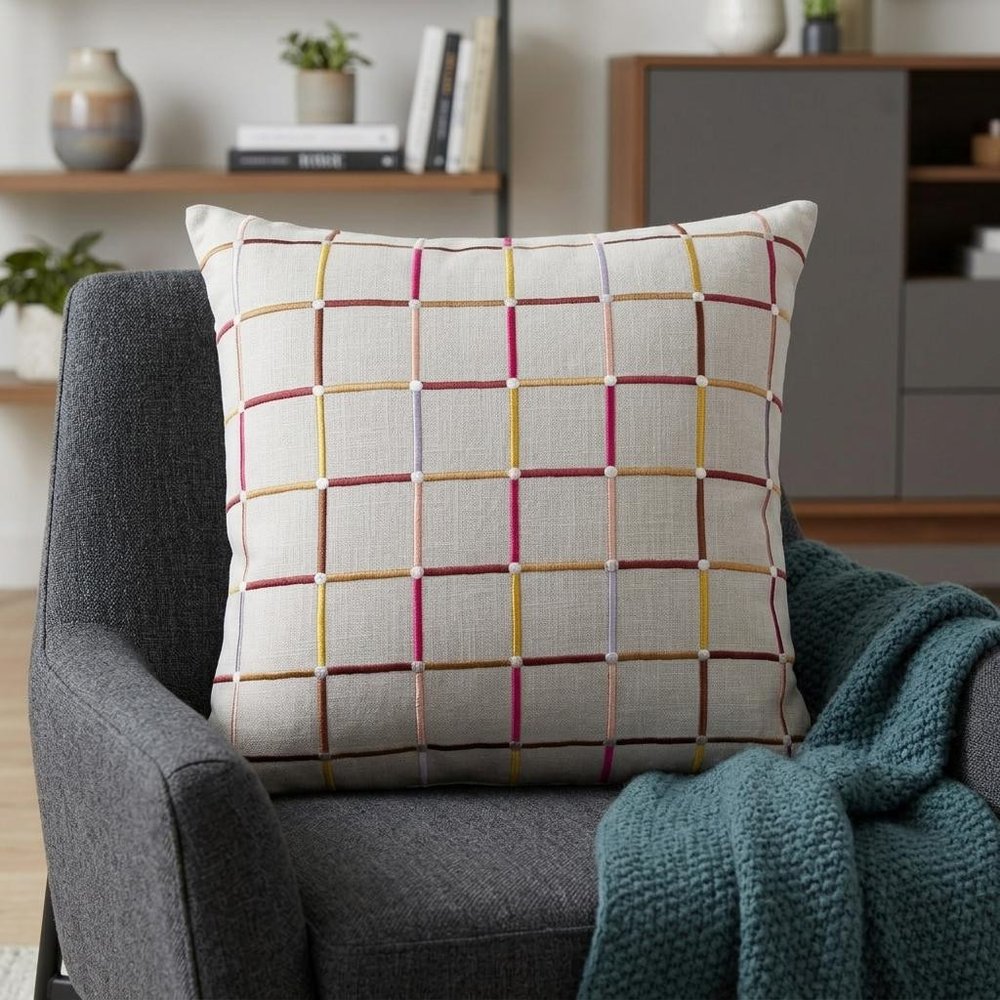 20" Cream Brown And Pink Check Cotton Blend Throw Pillow Cover