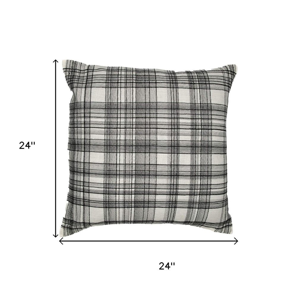 24" White And Black Check Cotton Blend Throw Pillow Cover