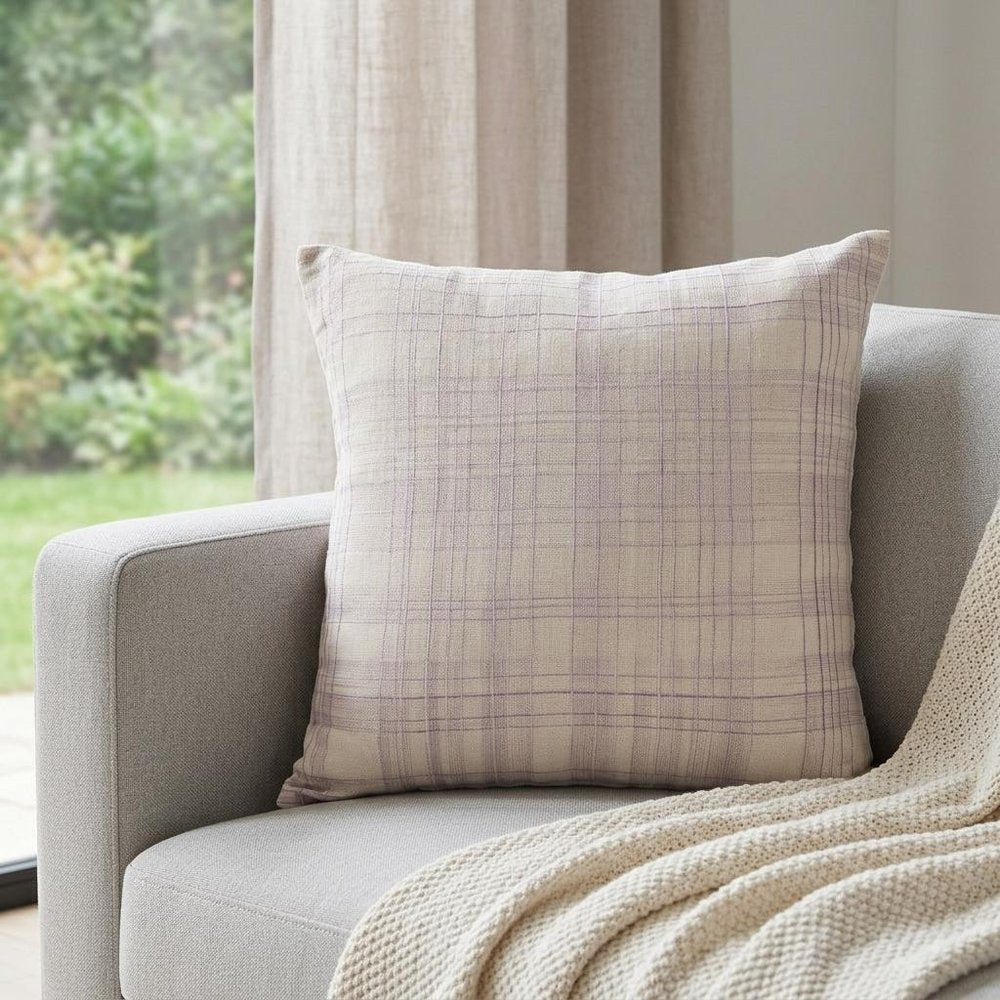 20" Ivory And Lilac Check Cotton Blend Throw Pillow Cover