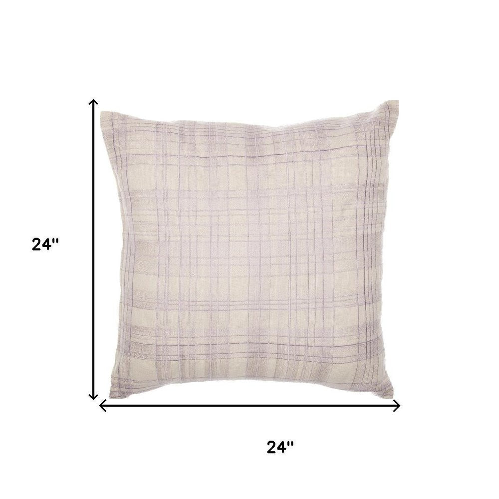 24" Ivory And Purple Check Cotton Blend Throw Pillow Cover