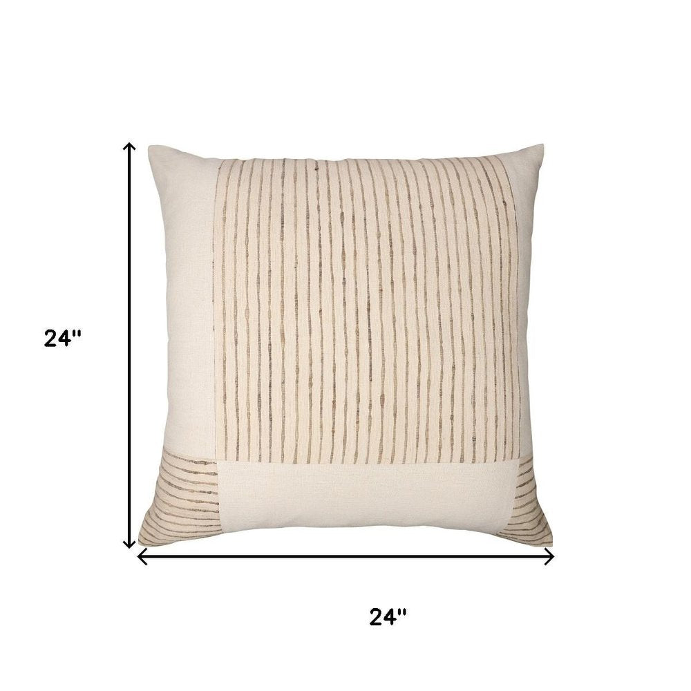 24" White And Beige Check Silk Throw Pillow Cover