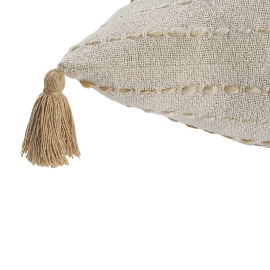 20" White And Beige Striped Cotton Blend Throw Pillow Cover with Tassels Embroidery And Texture