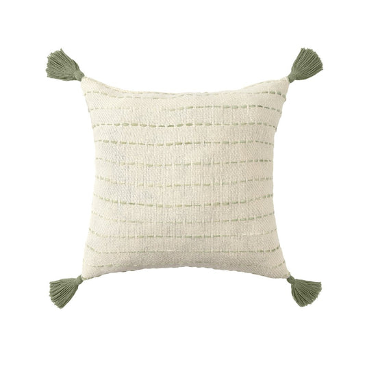 20" Green And Ivory Striped Cotton Blend Throw Pillow Cover with Tassels Embroidery And Texture