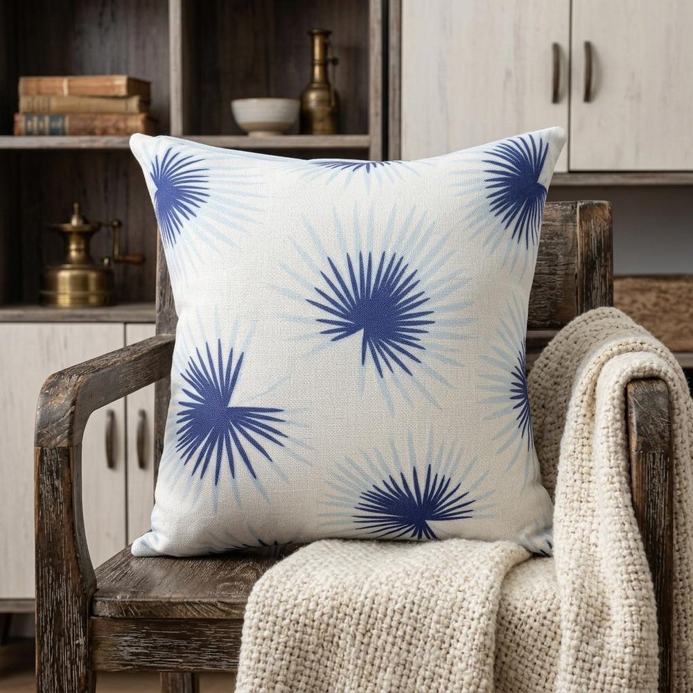 22" Blue And White Beach Floral Throw Pillow Cover