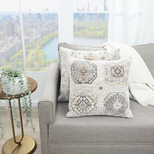 20" Light Gray And Ivory Medallion Throw Pillow Cover