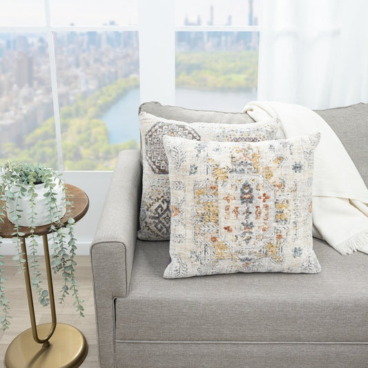 20" Light Gray And Yellow Medallion Throw Pillow Cover